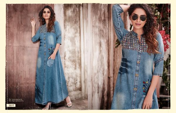 kajree kayara long denim with work gown style kurtis edition